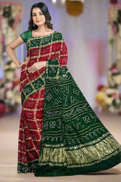 Krishna Tanna Traditional Indian Hand Weaved Gajji Silk Gharchoda Bandhani - Tye & Die Saree