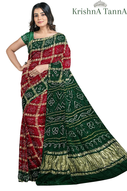 Krishna Tanna Traditional Indian Hand Weaved Gajji Silk Gharchoda Bandhani - Tye & Die Saree