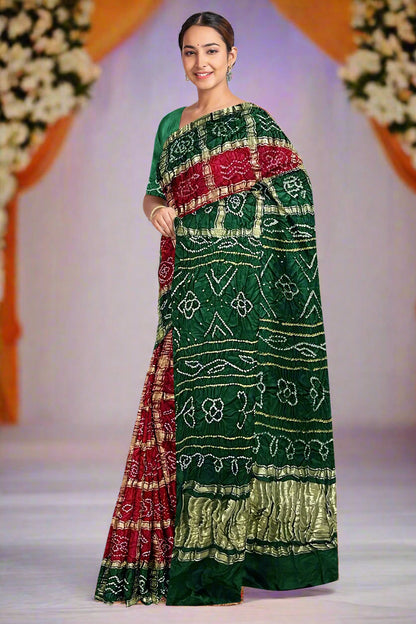 Krishna Tanna Traditional Indian Hand Weaved Gajji Silk Gharchoda Bandhani - Tye & Die Saree