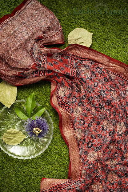 Krishna Tanna Ajrakh Dolla Silk Organic Colour Hand Block Print Dupatta