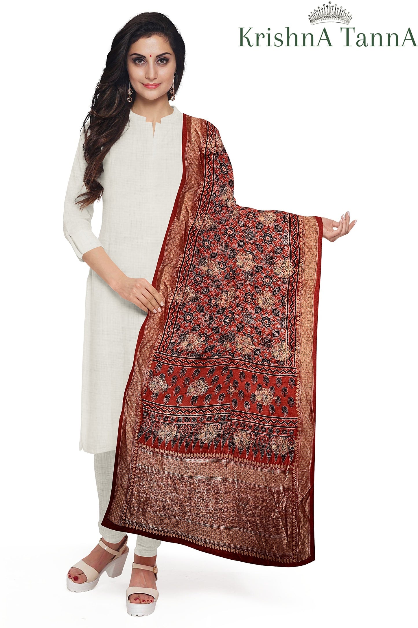 Krishna Tanna Ajrakh Dolla Silk Organic Colour Hand Block Print Dupatta