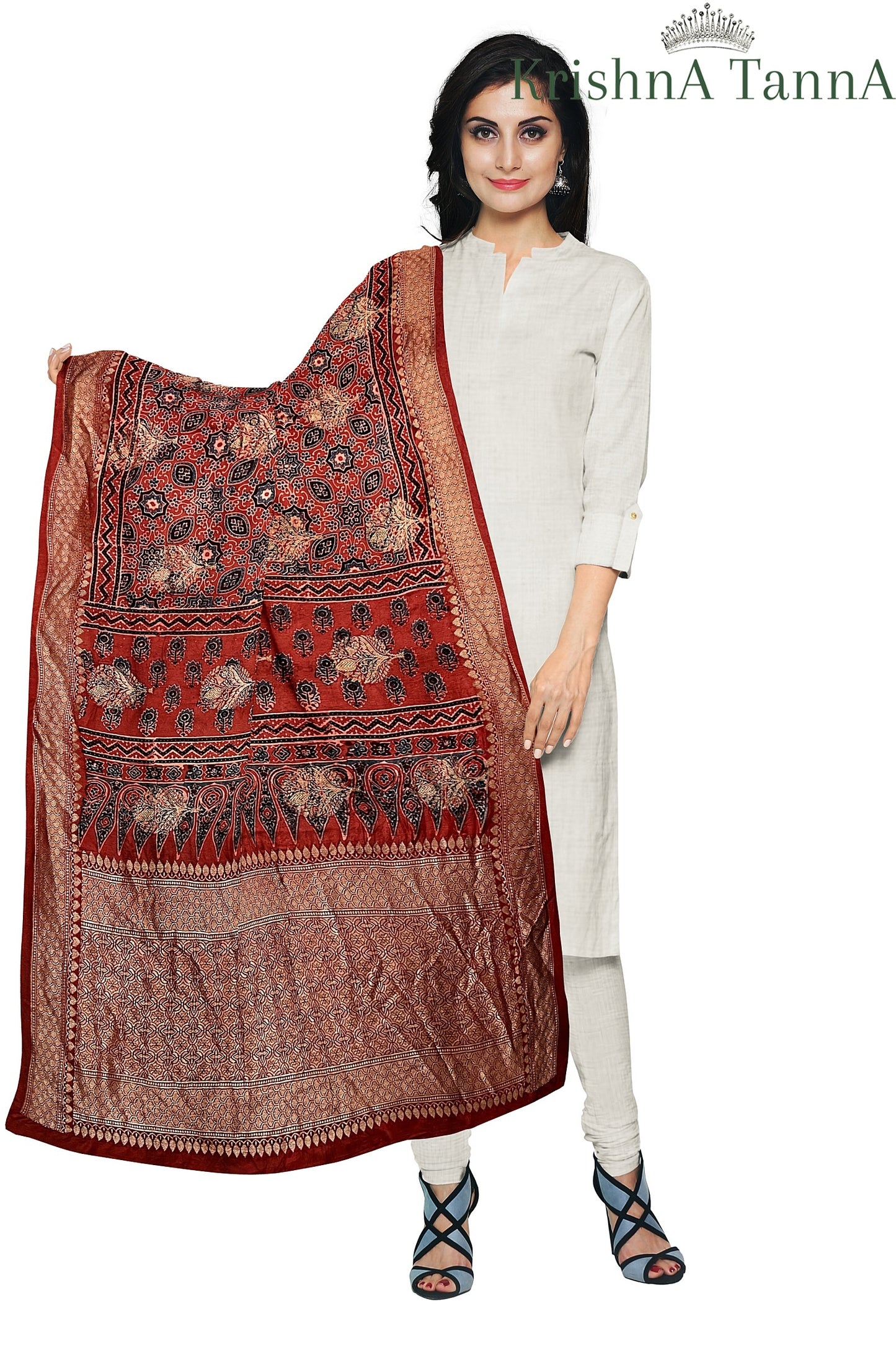 Krishna Tanna Ajrakh Dolla Silk Organic Colour Hand Block Print Dupatta