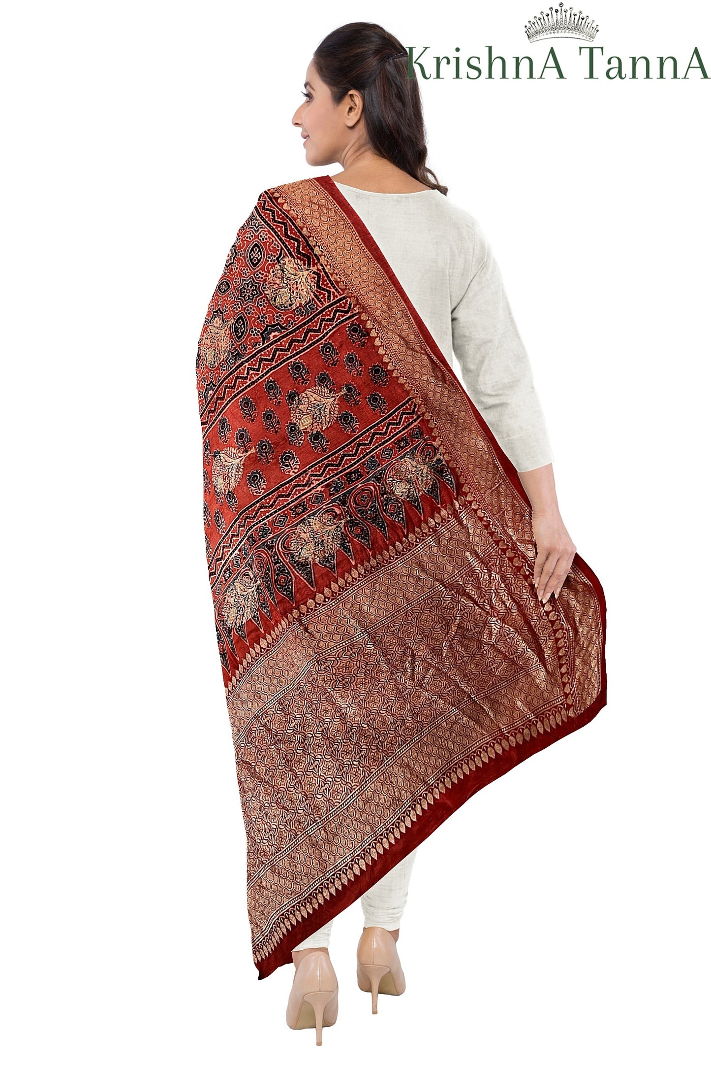 Krishna Tanna Ajrakh Dolla Silk Organic Colour Hand Block Print Dupatta