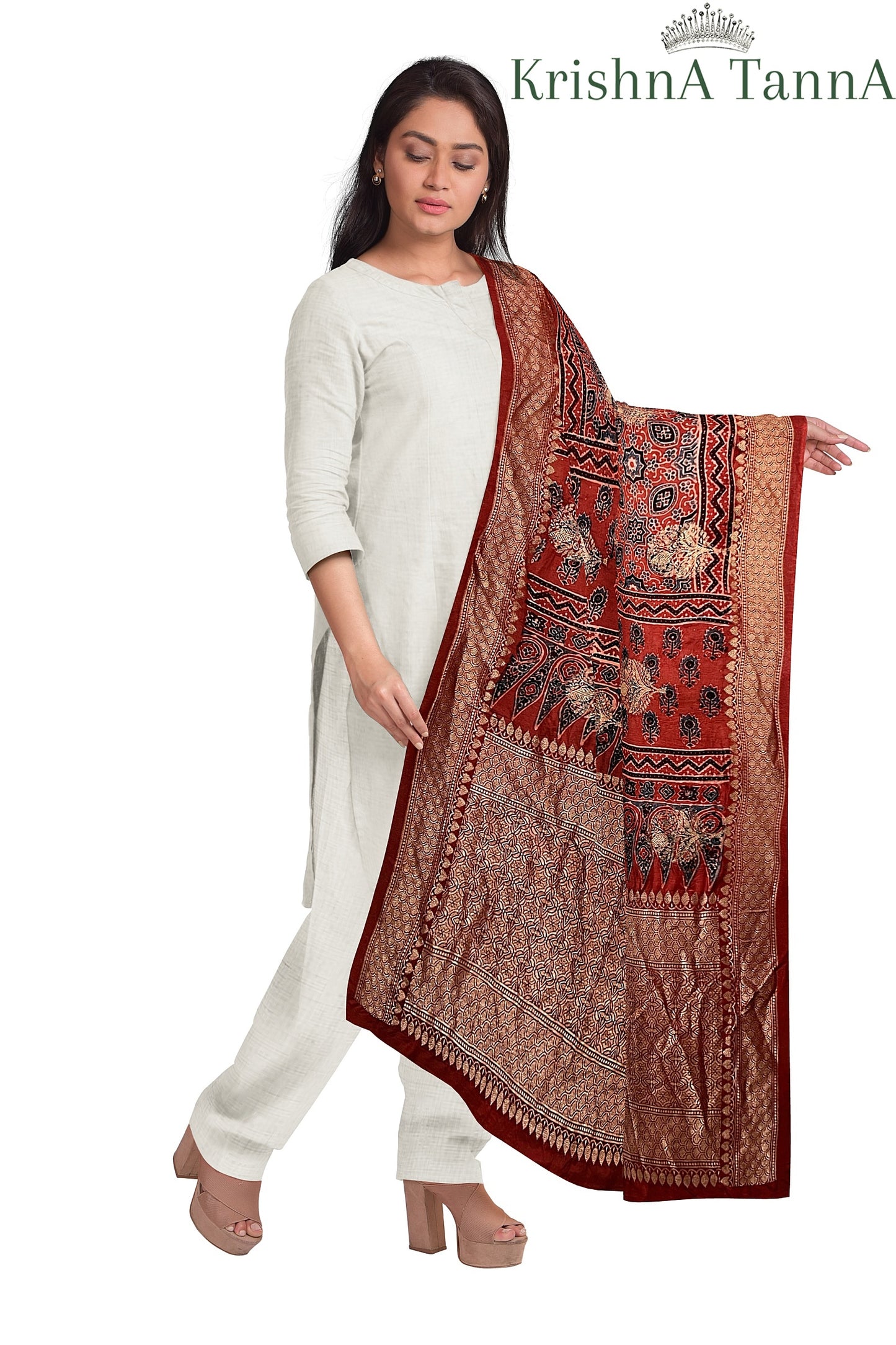 Krishna Tanna Ajrakh Dolla Silk Organic Colour Hand Block Print Dupatta