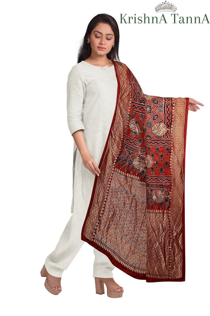 Krishna Tanna Ajrakh Dolla Silk Organic Colour Hand Block Print Dupatta