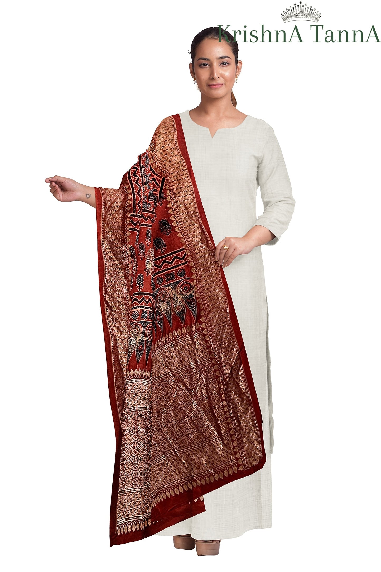 Krishna Tanna Ajrakh Dolla Silk Organic Colour Hand Block Print Dupatta