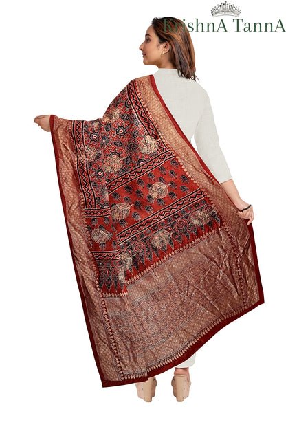Krishna Tanna Ajrakh Dolla Silk Organic Colour Hand Block Print Dupatta