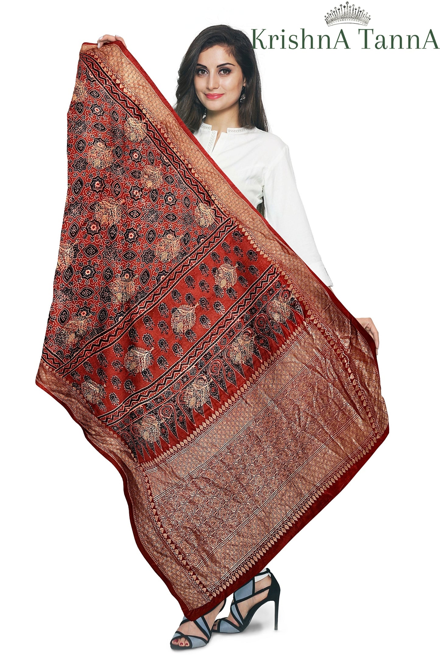 Krishna Tanna Ajrakh Dolla Silk Organic Colour Hand Block Print Dupatta