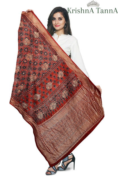 Krishna Tanna Ajrakh Dolla Silk Organic Colour Hand Block Print Dupatta
