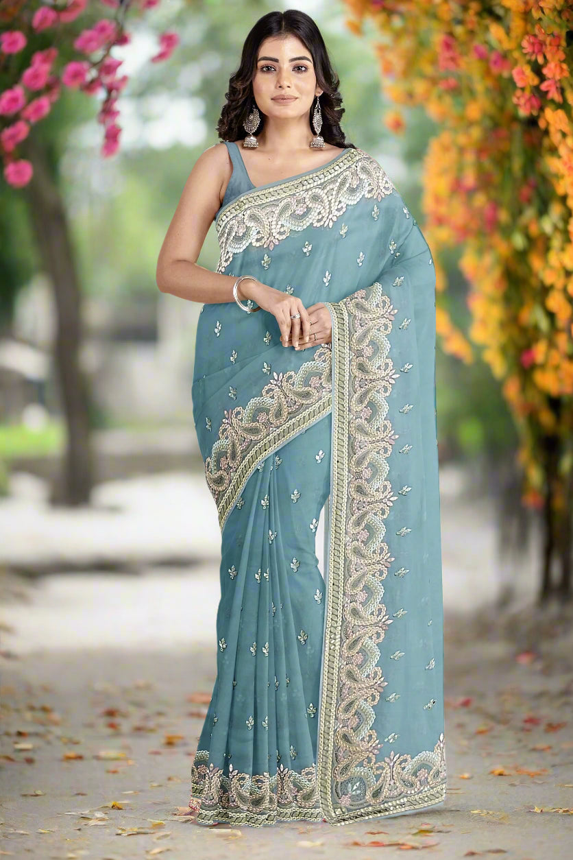 Krishna Tanna Gota work on blended Georgette Saree with stone work embroidery border - Blue