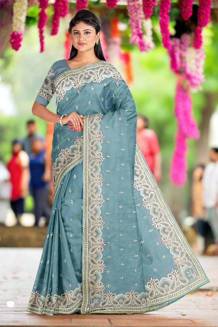 Krishna Tanna Gota work on blended Georgette Saree with stone work embroidery border - Blue