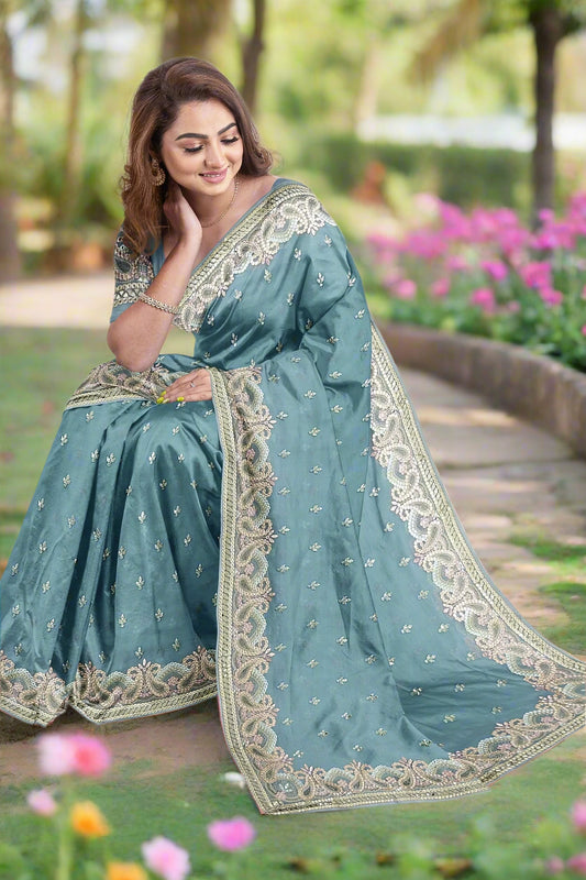 Krishna Tanna Gota work on blended Georgette Saree with stone work embroidery border - Blue