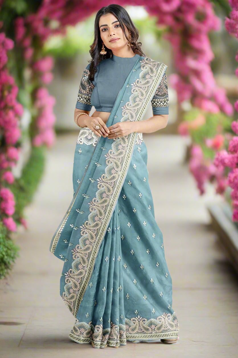 Krishna Tanna Gota work on blended Georgette Saree with stone work embroidery border - Blue