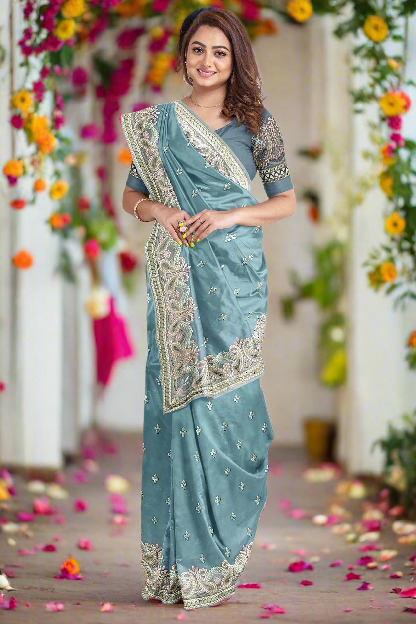 Krishna Tanna Gota work on blended Georgette Saree with stone work embroidery border - Blue