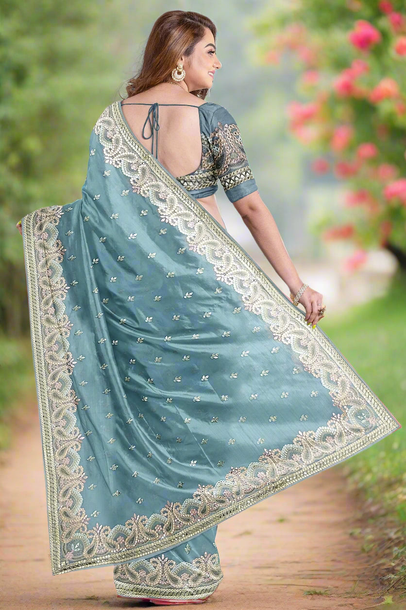 Krishna Tanna Gota work on blended Georgette Saree with stone work embroidery border - Blue