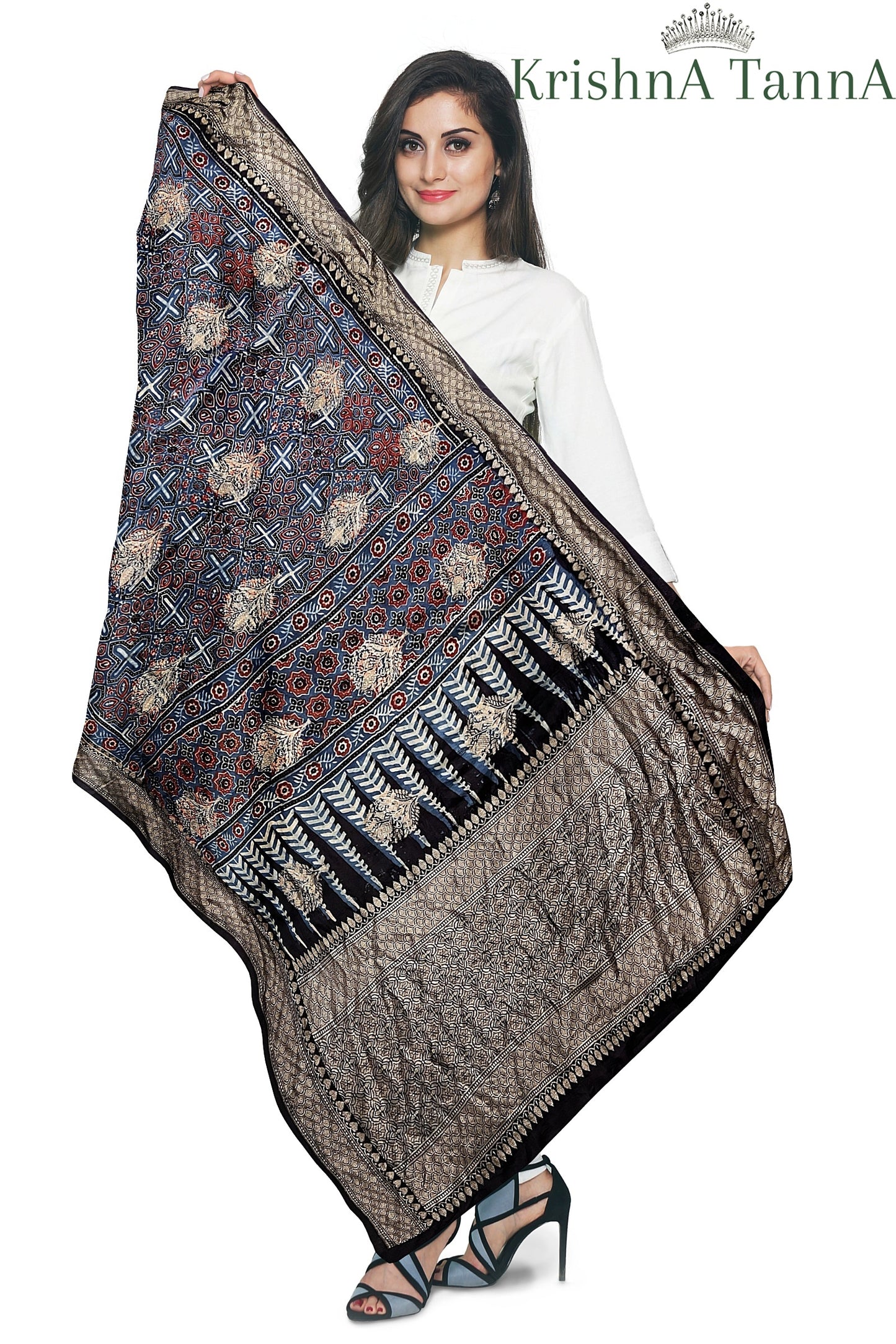 Krishna Tanna Ajrakh Dolla Silk Organic Colour Hand Block Print Dupatta