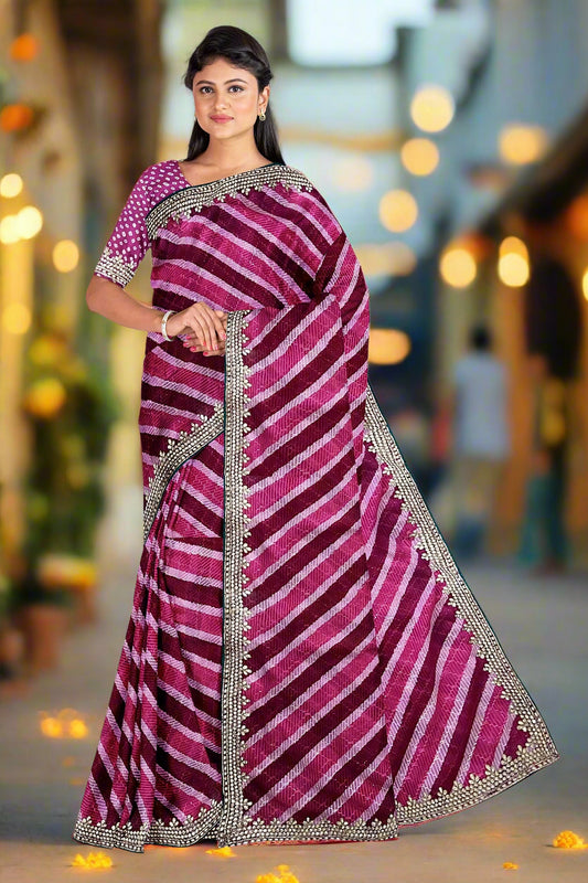 Krishna Tanna Leheriya Sequence Gota Work Border Saree (Dark Pink)