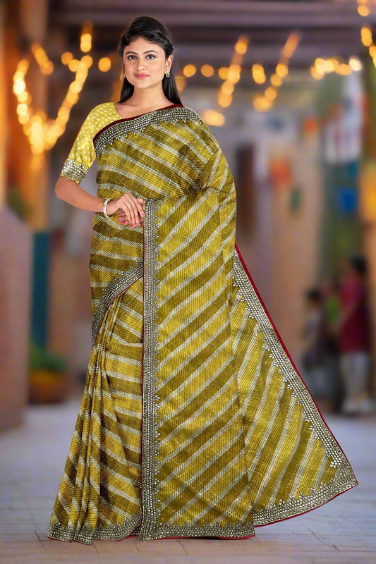Krishna Tanna Leheriya Sequence Gota Work Border Saree (Yellow)
