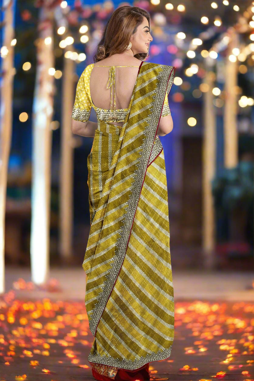 Krishna Tanna Leheriya Sequence Gota Work Border Saree (Yellow)