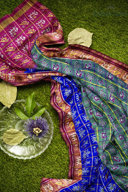 Krishna Tanna Hand Woven Rajkot Patola Pure Silk Three Shades Zari Checks Saree