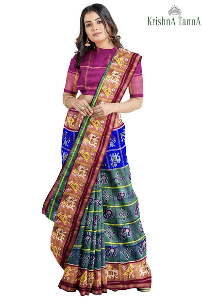 Krishna Tanna Hand Woven Rajkot Patola Pure Silk Three Shades Zari Checks Saree