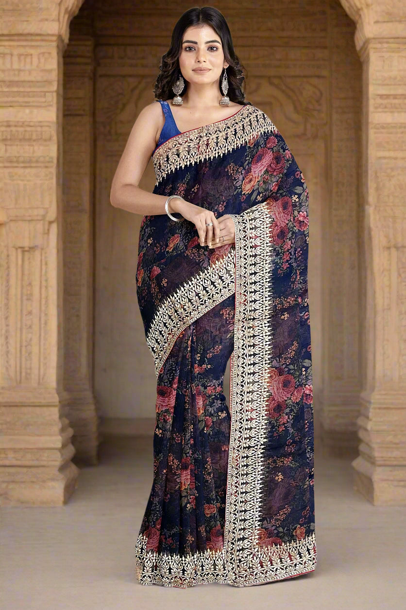 Krishna Tanna Floral Prints with Sequins Saree with knitted embroidery on organza tissue