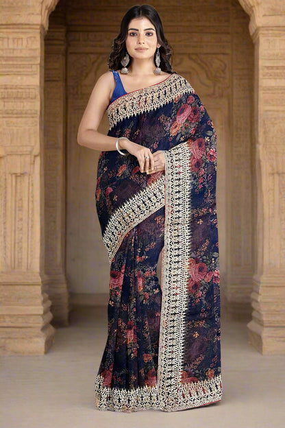 Krishna Tanna Floral Prints with Sequins Saree with knitted embroidery on organza tissue