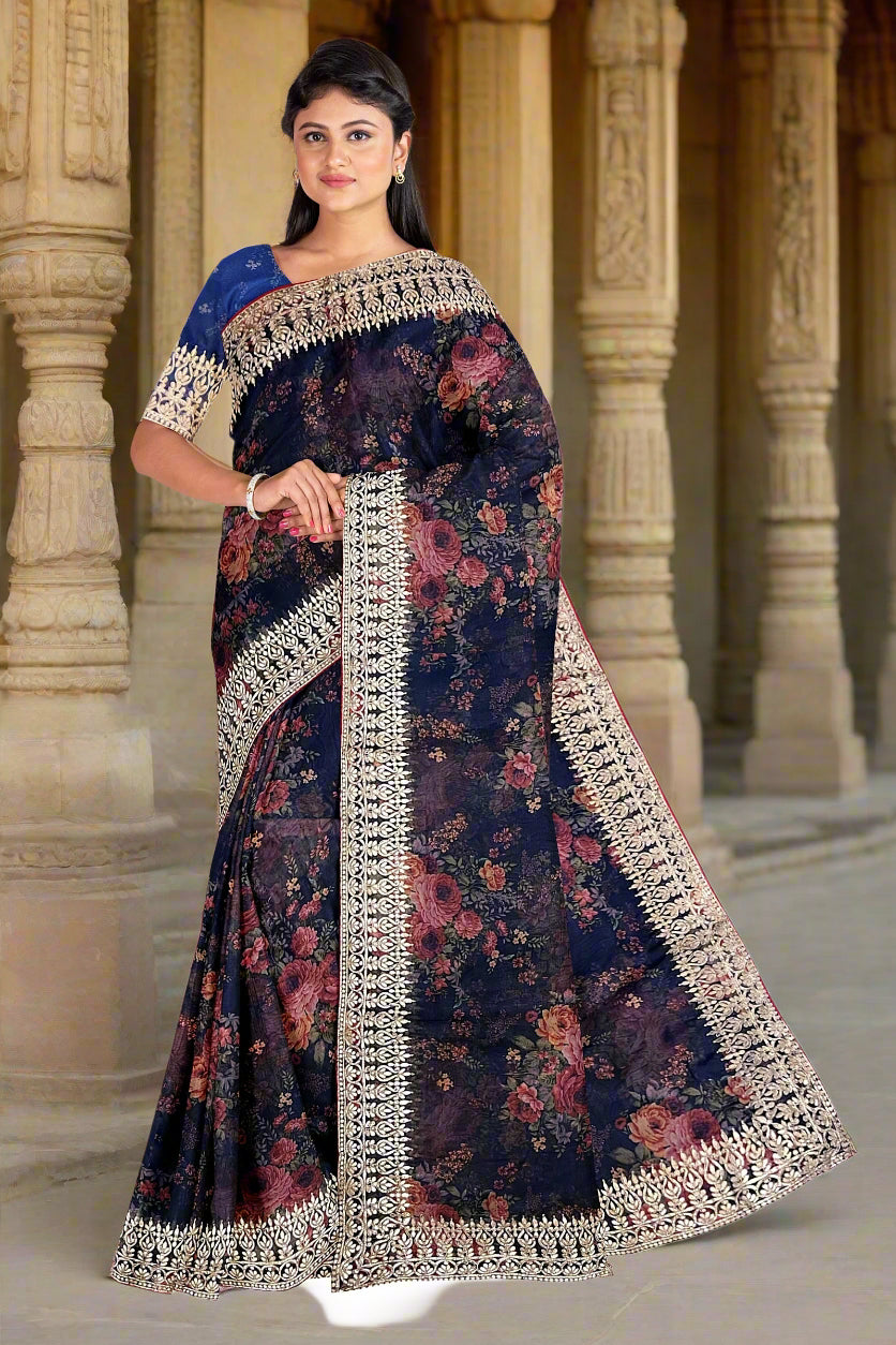 Krishna Tanna Floral Prints with Sequins Saree with knitted embroidery on organza tissue