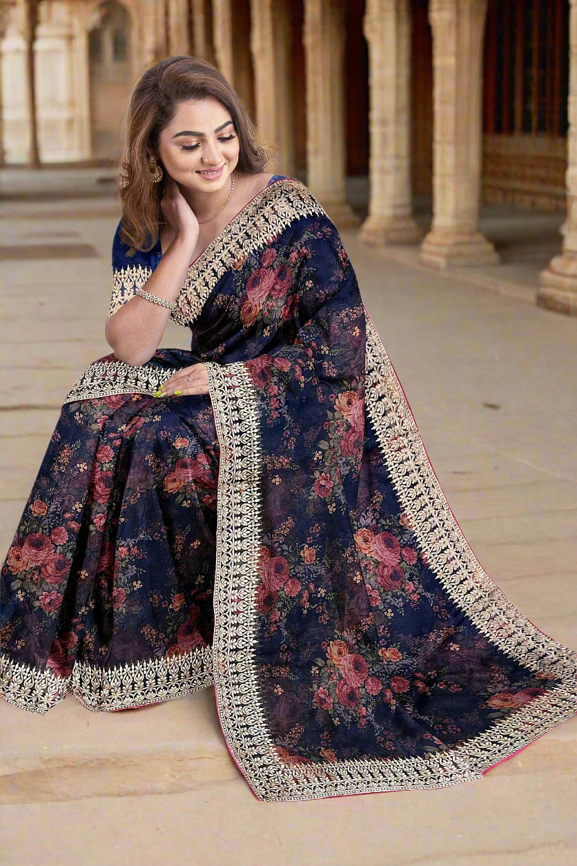 Krishna Tanna Floral Prints with Sequins Saree with knitted embroidery on organza tissue