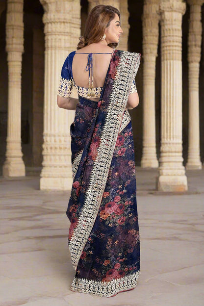 Krishna Tanna Floral Prints with Sequins Saree with knitted embroidery on organza tissue