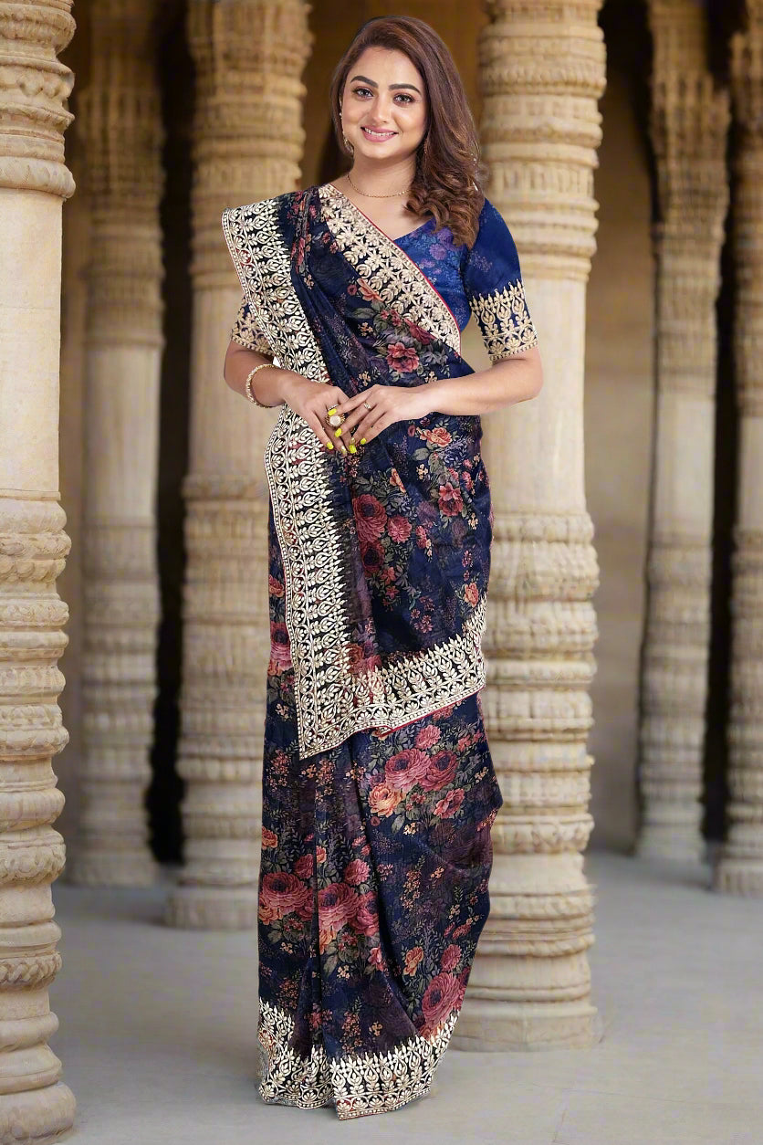 Krishna Tanna Floral Prints with Sequins Saree with knitted embroidery on organza tissue