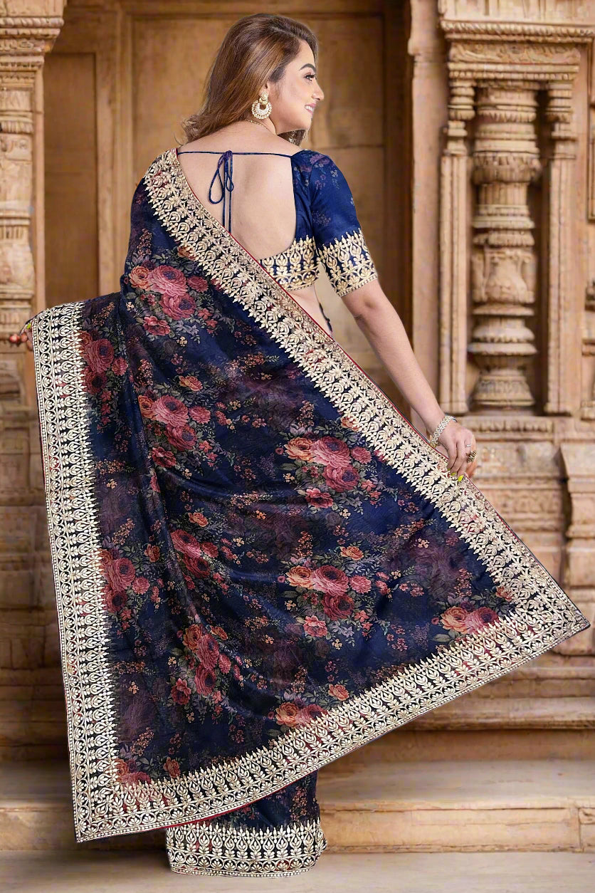 Krishna Tanna Floral Prints with Sequins Saree with knitted embroidery on organza tissue