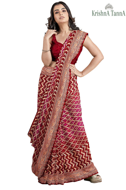 Krishna Tanna Hand Weaved Georgette Zari Jungla Bandhani - Tie & Dye Saree