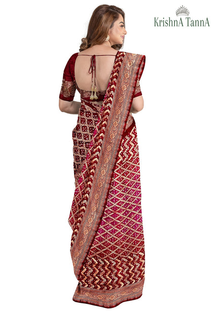Krishna Tanna Hand Weaved Georgette Zari Jungla Bandhani - Tie & Dye Saree