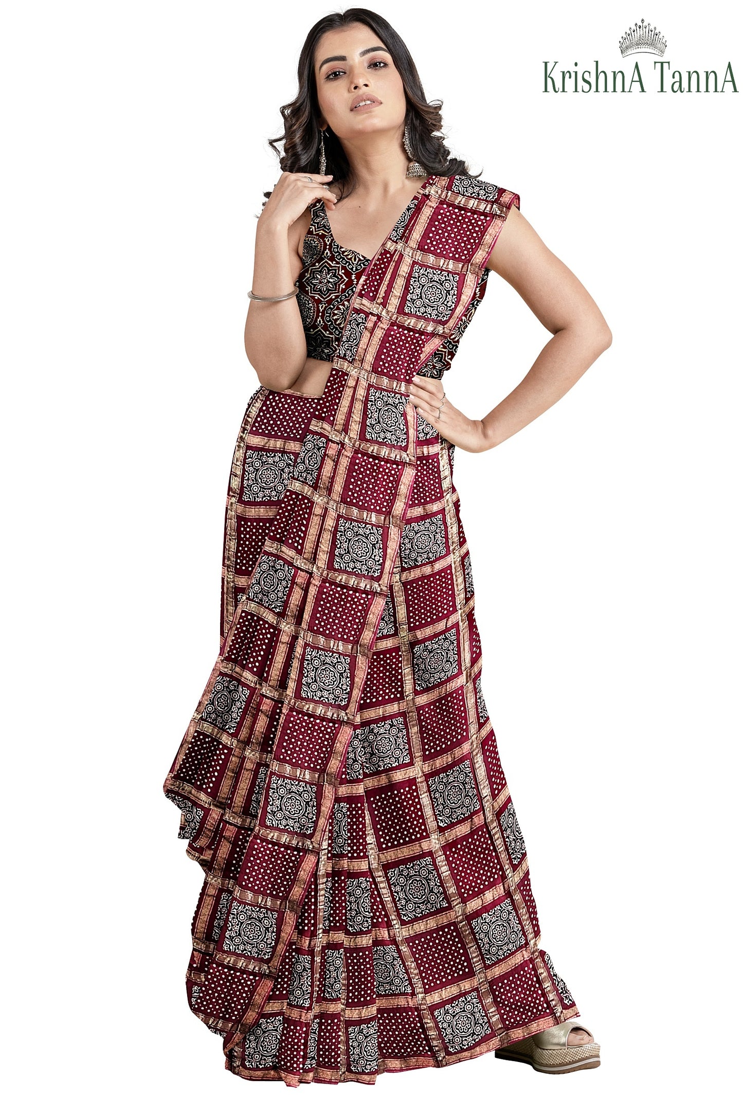 Krishna Tanna Hand Weaved Ajrakh Gharchoda Block Print Silk Saree