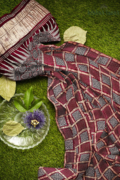 Krishna Tanna Hand Weaved Ajrakh Gharchoda Block Print Silk Saree