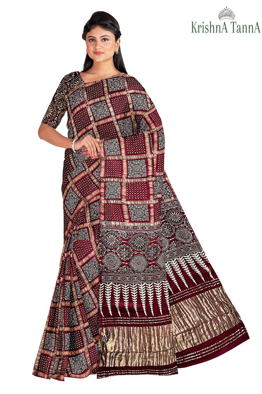 Krishna Tanna Hand Weaved Ajrakh Gharchoda Block Print Silk Saree