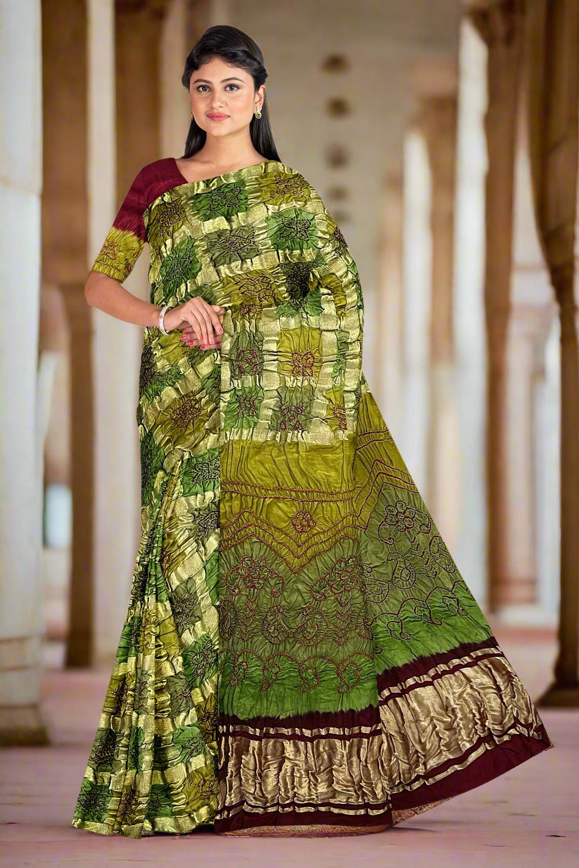 Krishna Tanna Hand Weaved Gajji Silk Multi Gharchoda Bandhani - Tie & Dye Saree