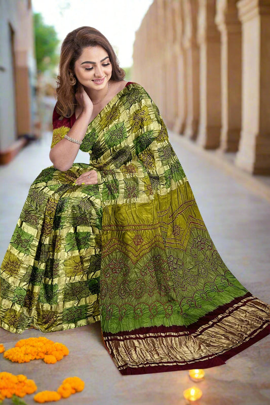 Krishna Tanna Hand Weaved Gajji Silk Multi Gharchoda Bandhani - Tie & Dye Saree