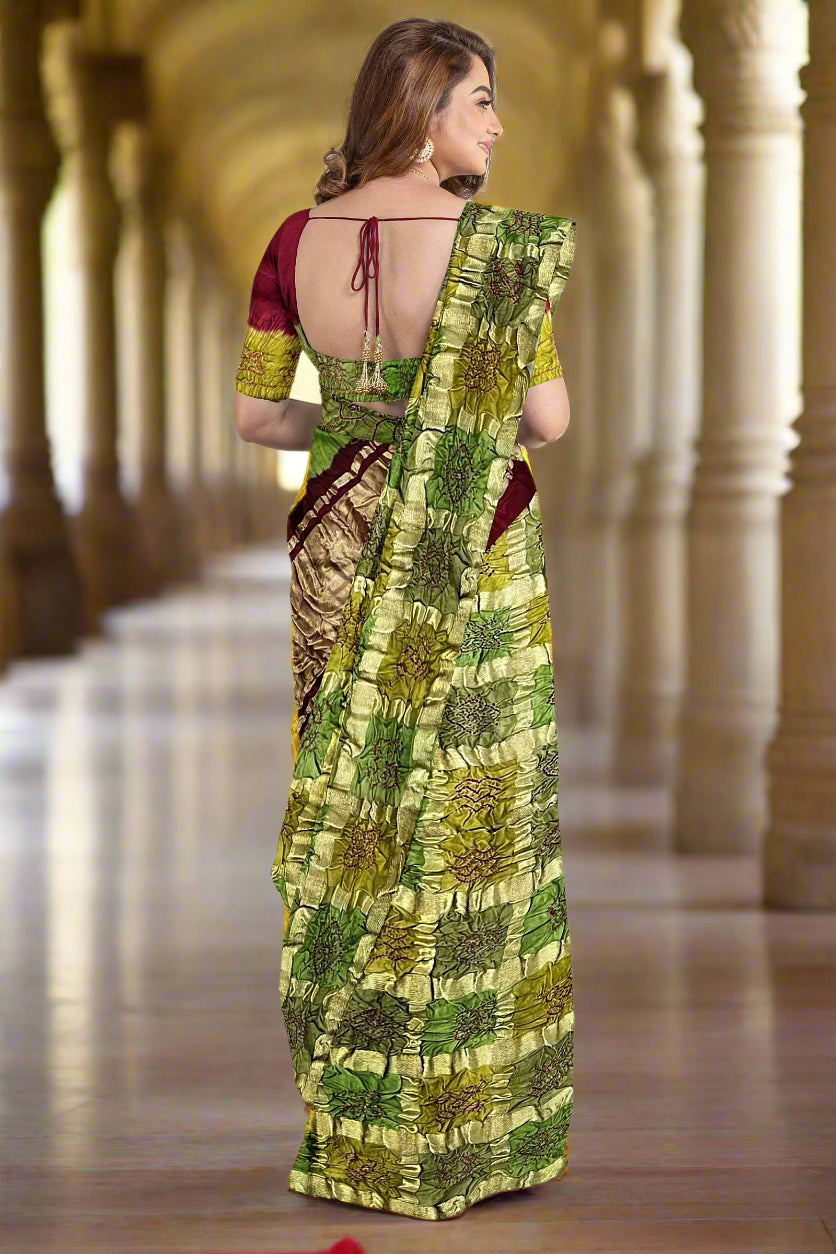 Krishna Tanna Hand Weaved Gajji Silk Multi Gharchoda Bandhani - Tie & Dye Saree