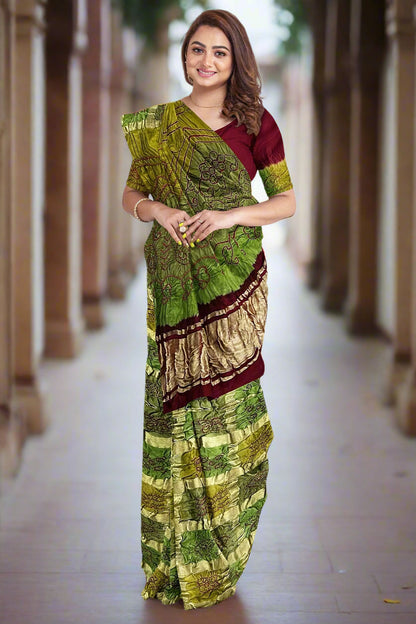 Krishna Tanna Hand Weaved Gajji Silk Multi Gharchoda Bandhani - Tie & Dye Saree