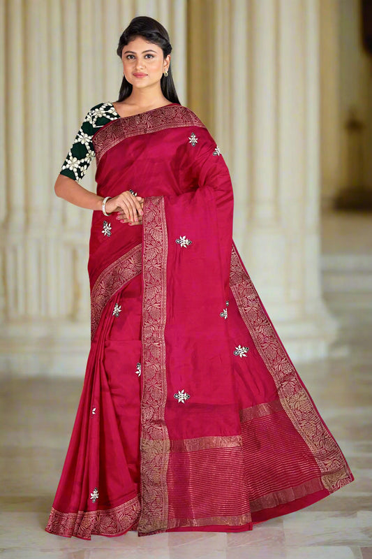 Krishna Tanna knitted Gota work Saree with knitted embroidery on Monga Chittapati - Red