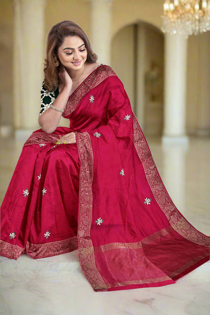 Krishna Tanna knitted Gota work Saree with knitted embroidery on Monga Chittapati - Red