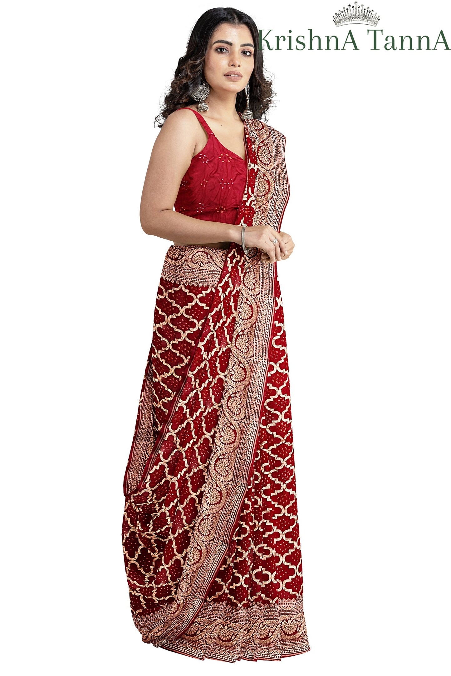 Krishna Tanna Hand Weaved Pure Georgette Nim Zari Jungla Bandhani - Tie & Dye Saree