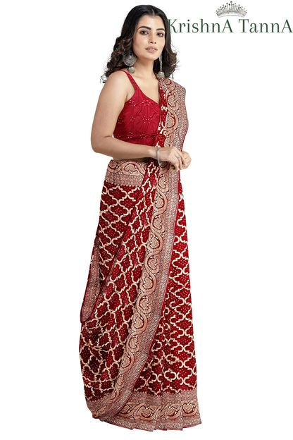 Krishna Tanna Hand Weaved Pure Georgette Nim Zari Jungla Bandhani - Tie & Dye Saree