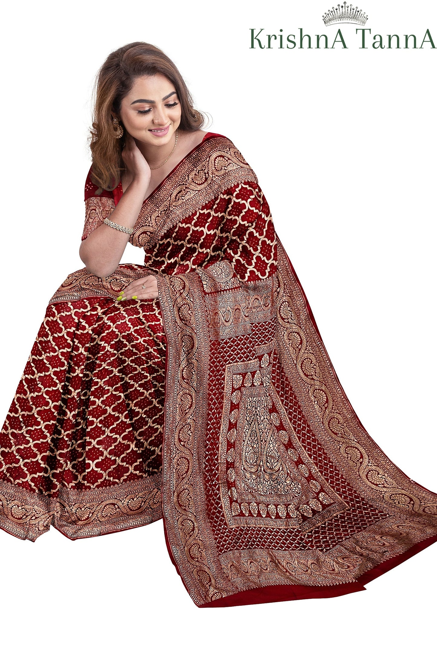 Krishna Tanna Hand Weaved Pure Georgette Nim Zari Jungla Bandhani - Tie & Dye Saree