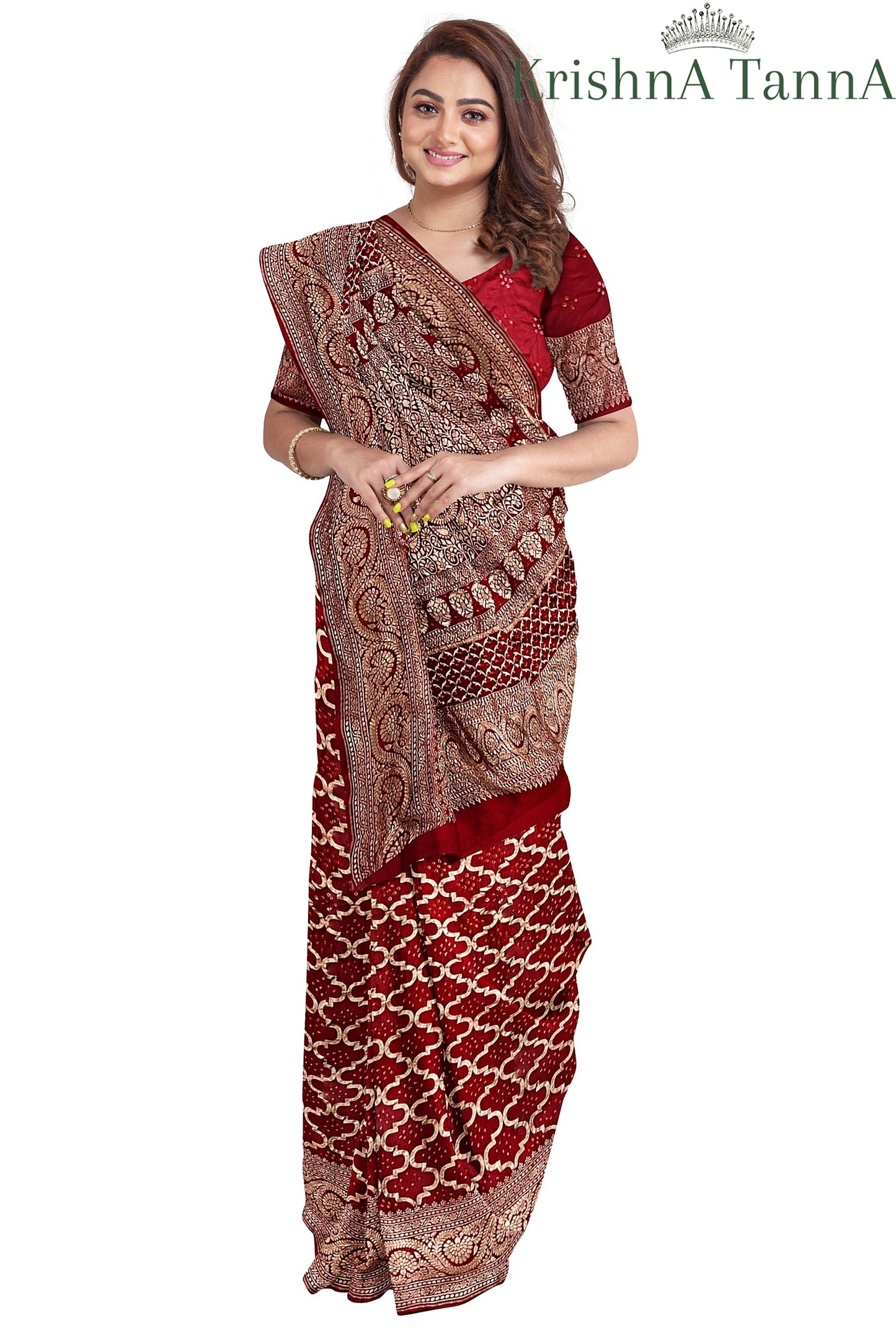 Krishna Tanna Hand Weaved Pure Georgette Nim Zari Jungla Bandhani - Tie & Dye Saree
