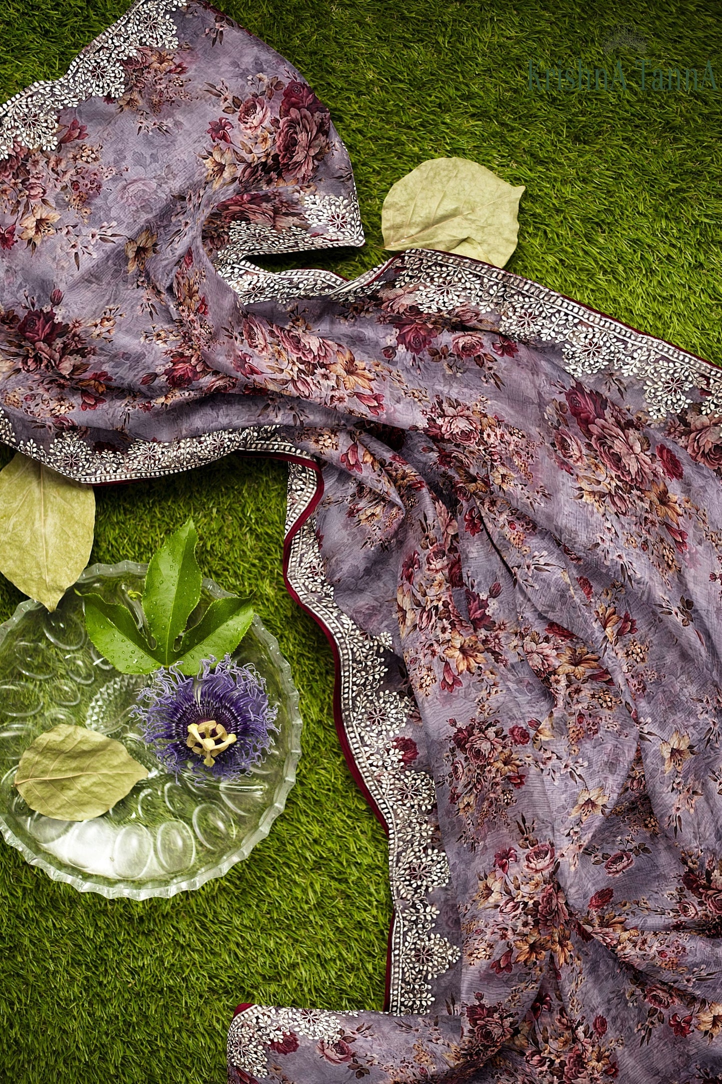 Krishna Tanna Floral Prints Saree with knitted floral embroidery on organza tissue - Purple
