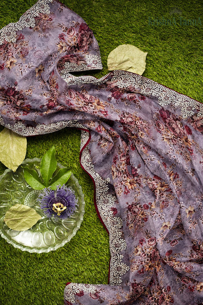 Krishna Tanna Floral Prints Saree with knitted floral embroidery on organza tissue - Purple