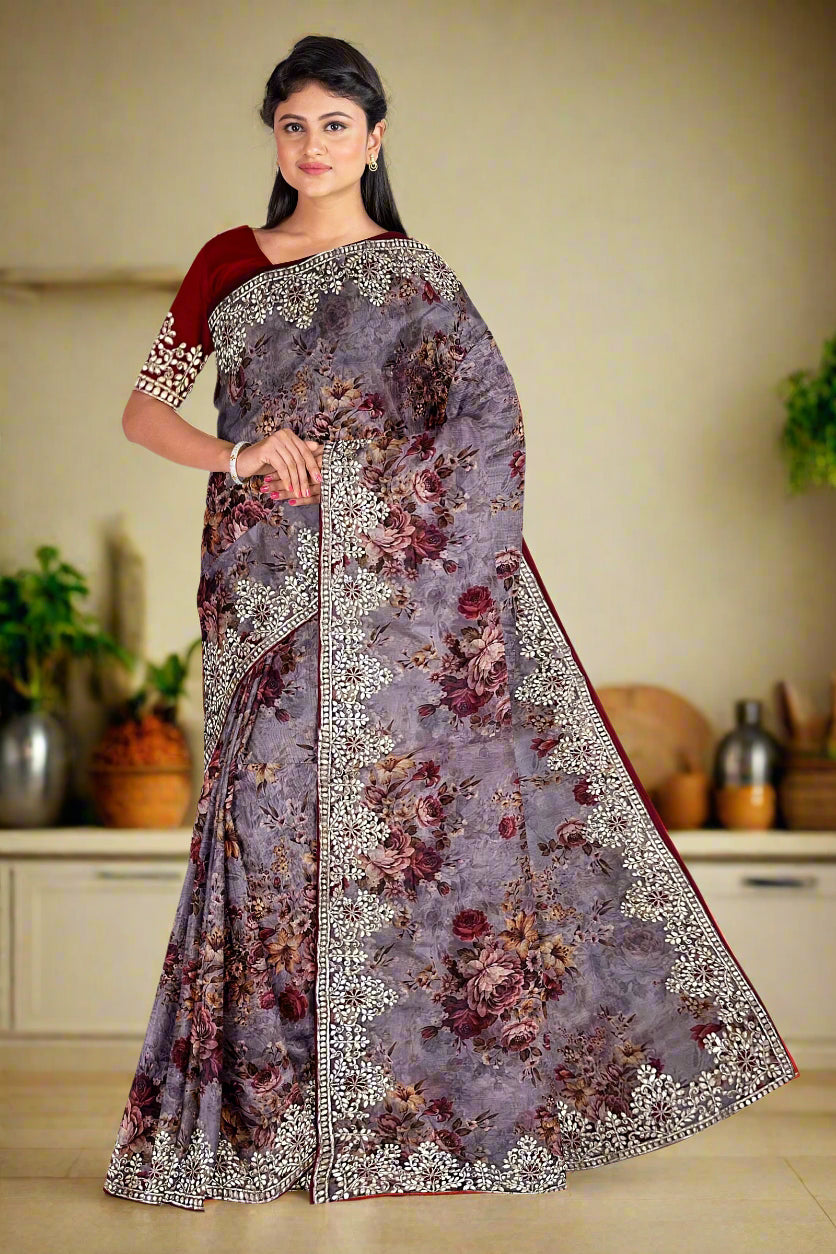 Krishna Tanna Floral Prints Saree with knitted floral embroidery on organza tissue - Purple